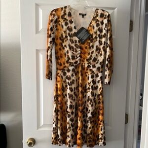 IMAN Brown Tan Wrap Dress Fit and Flare Long Sleeve